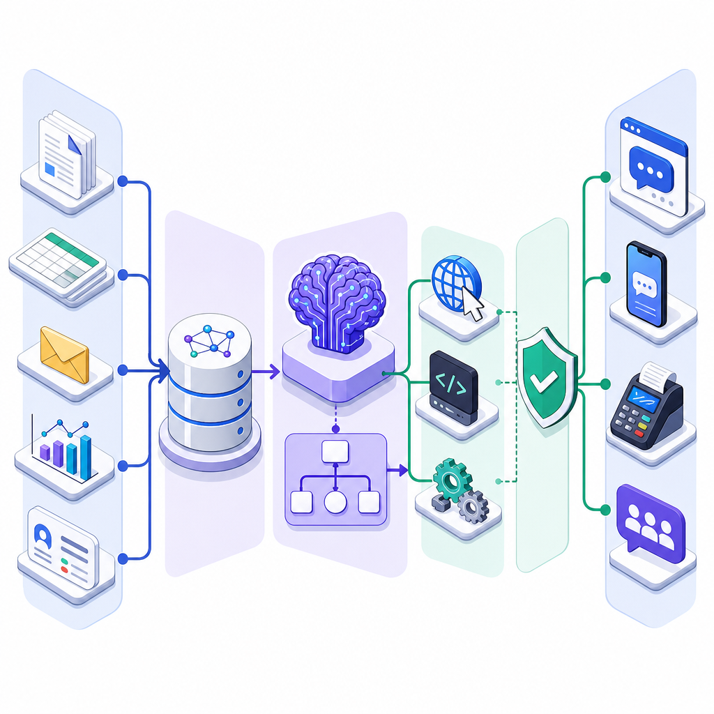 Setup of an AI agent stack for small businesses from data sources to LLM, tools, safety, and deployment channels