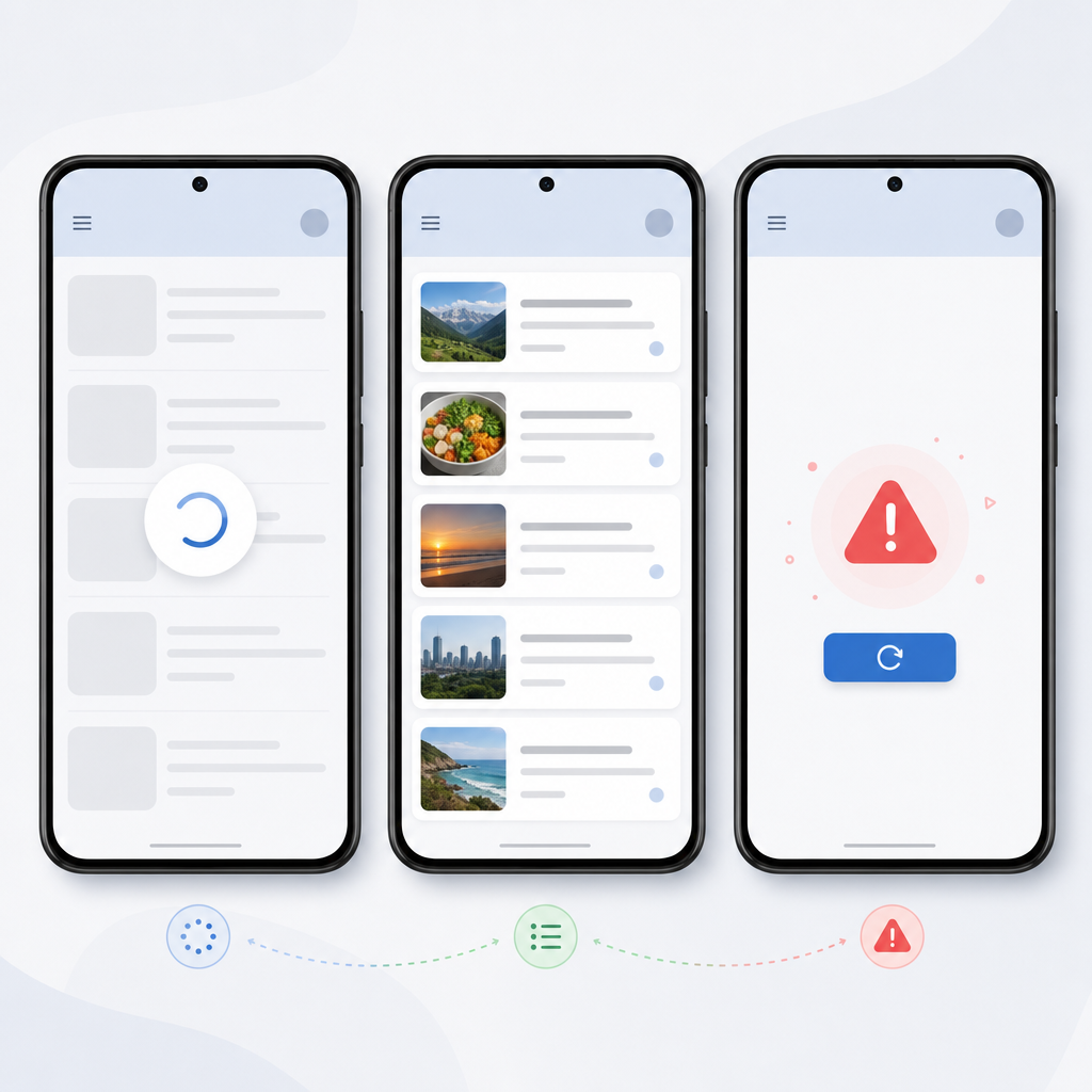 How to handle loading and error states in Android shown with spinner, loaded list, and error retry icon