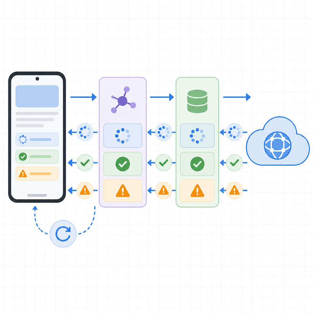 MVVM flow to handle loading and error states in Android with icons for loading, success, error, and retry
