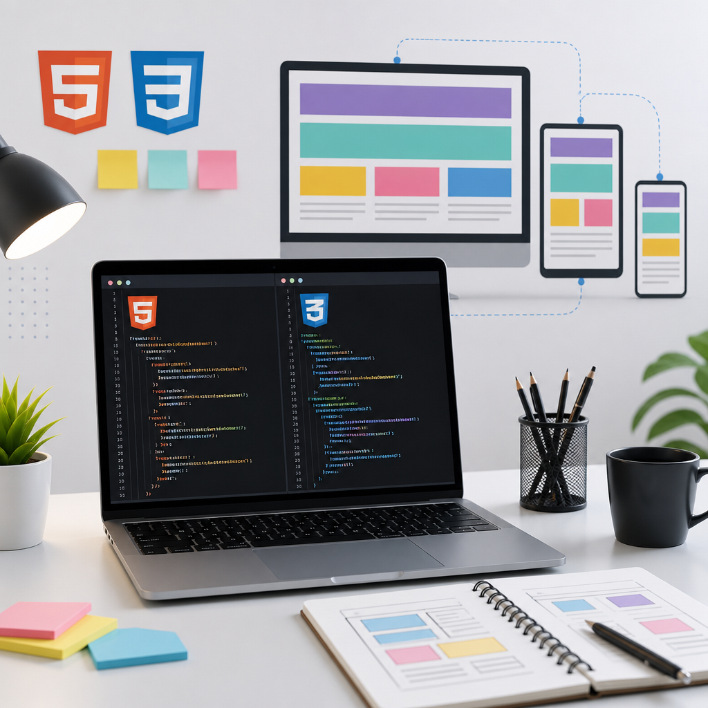 Laptop showing HTML5 and CSS3 code editors for building responsive websites