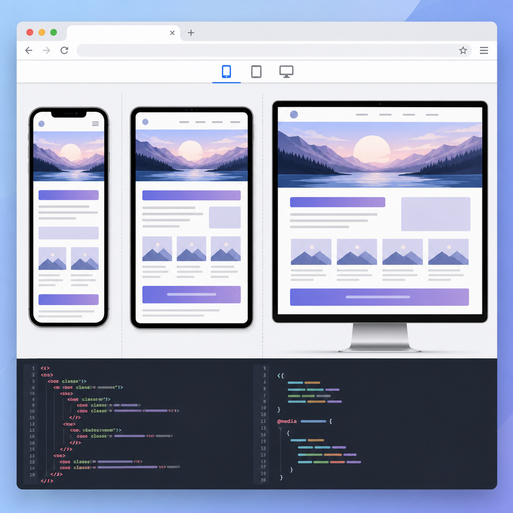 Responsive website prototype shown on different screen sizes: mobile, tablet, and desktop