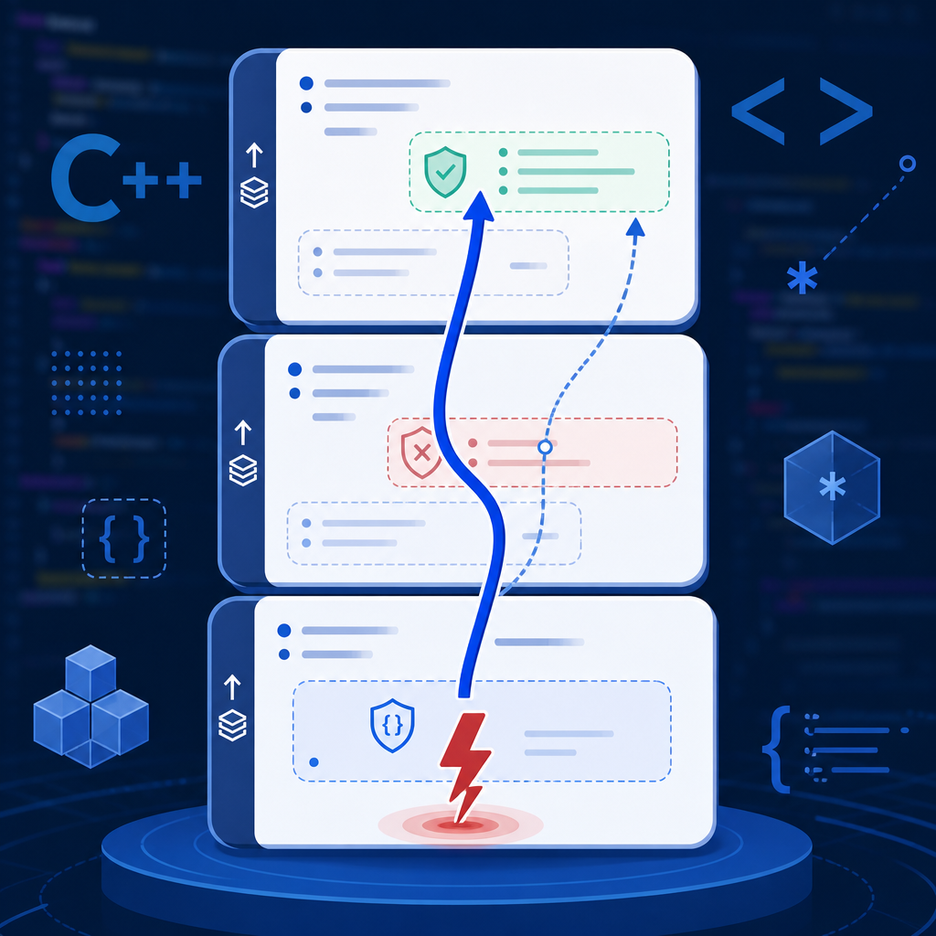 C++ try catch throw explained for beginners: how an exception travels from try to catch through the call stack