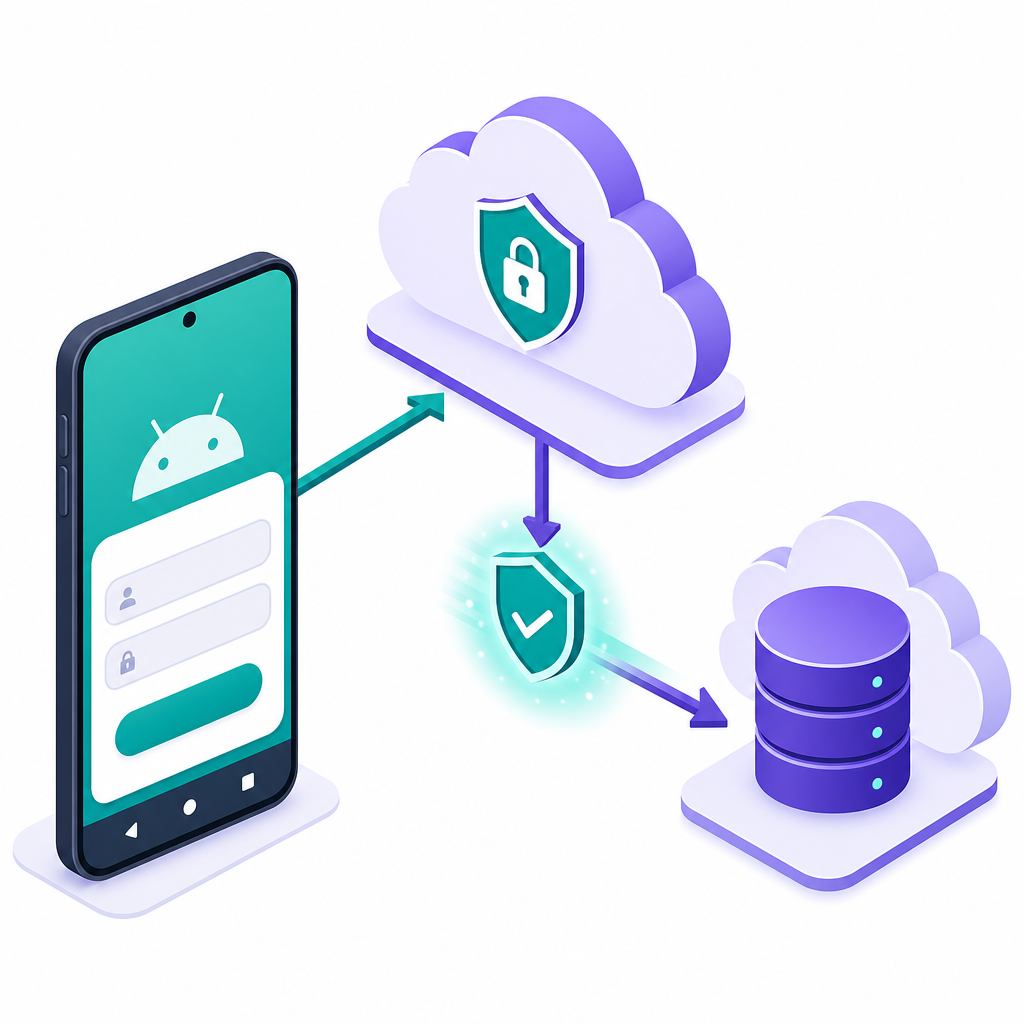 Android Firebase Authentication flow diagram with phone, auth cloud, secure token, and database arrows.