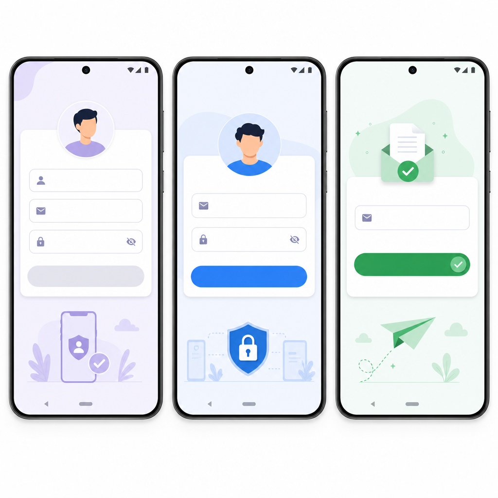 Android email/password auth mockups: sign up, sign in, and password reset screens without text.