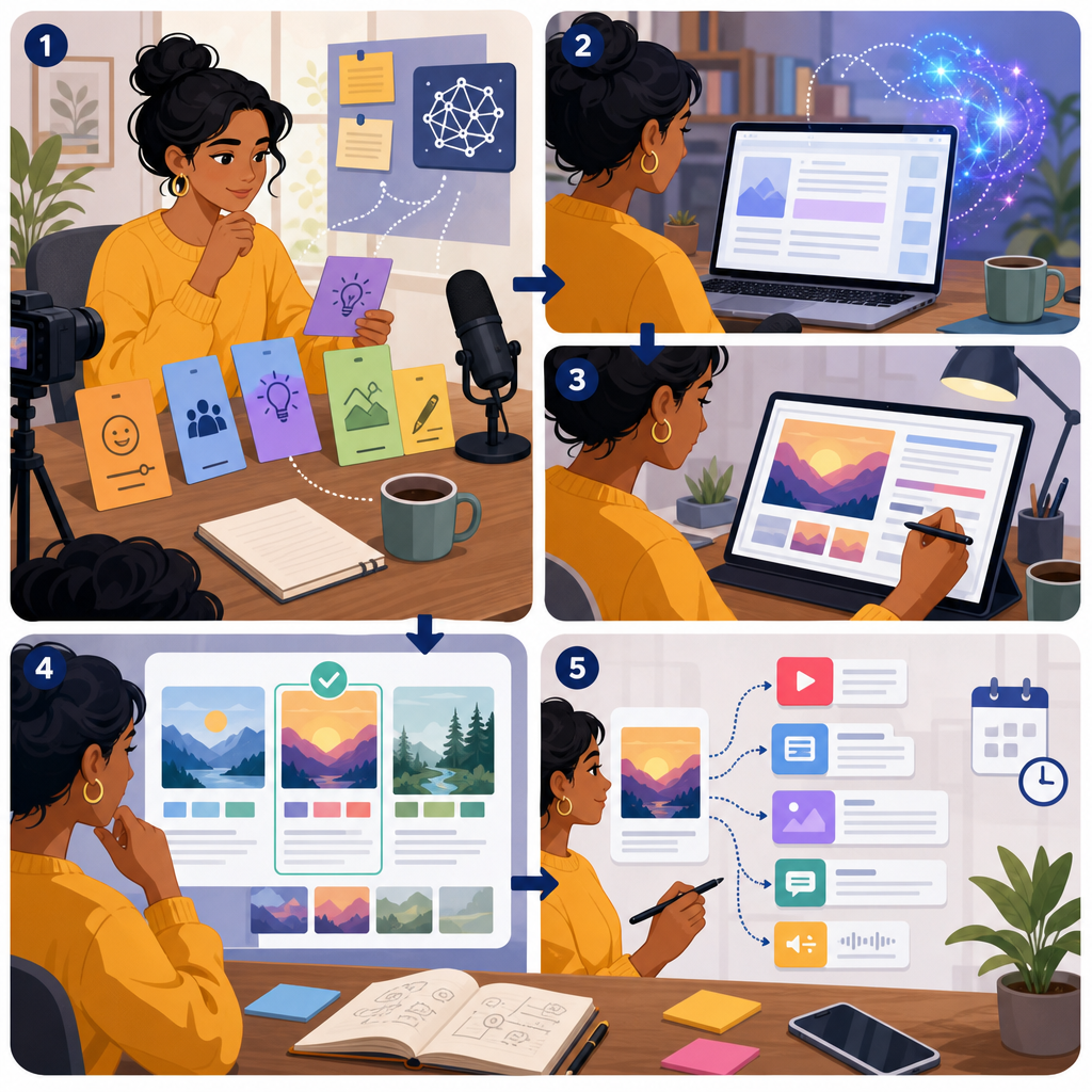 Workflow of generative AI for creators and bloggers showing prompt building, AI drafting, human editing, and publishing steps