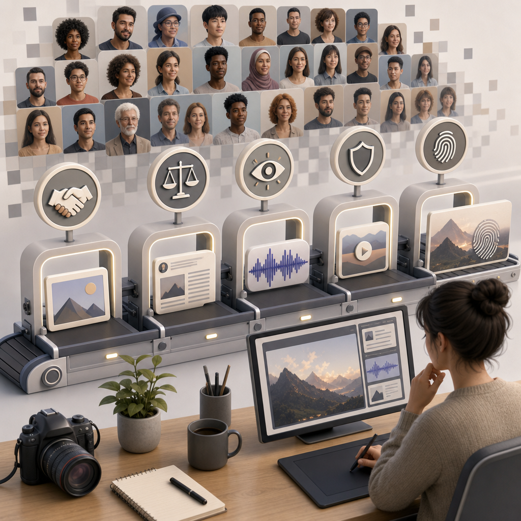Ethical generative AI pipeline for creators and bloggers with consent, bias checks, transparency, and watermarking.