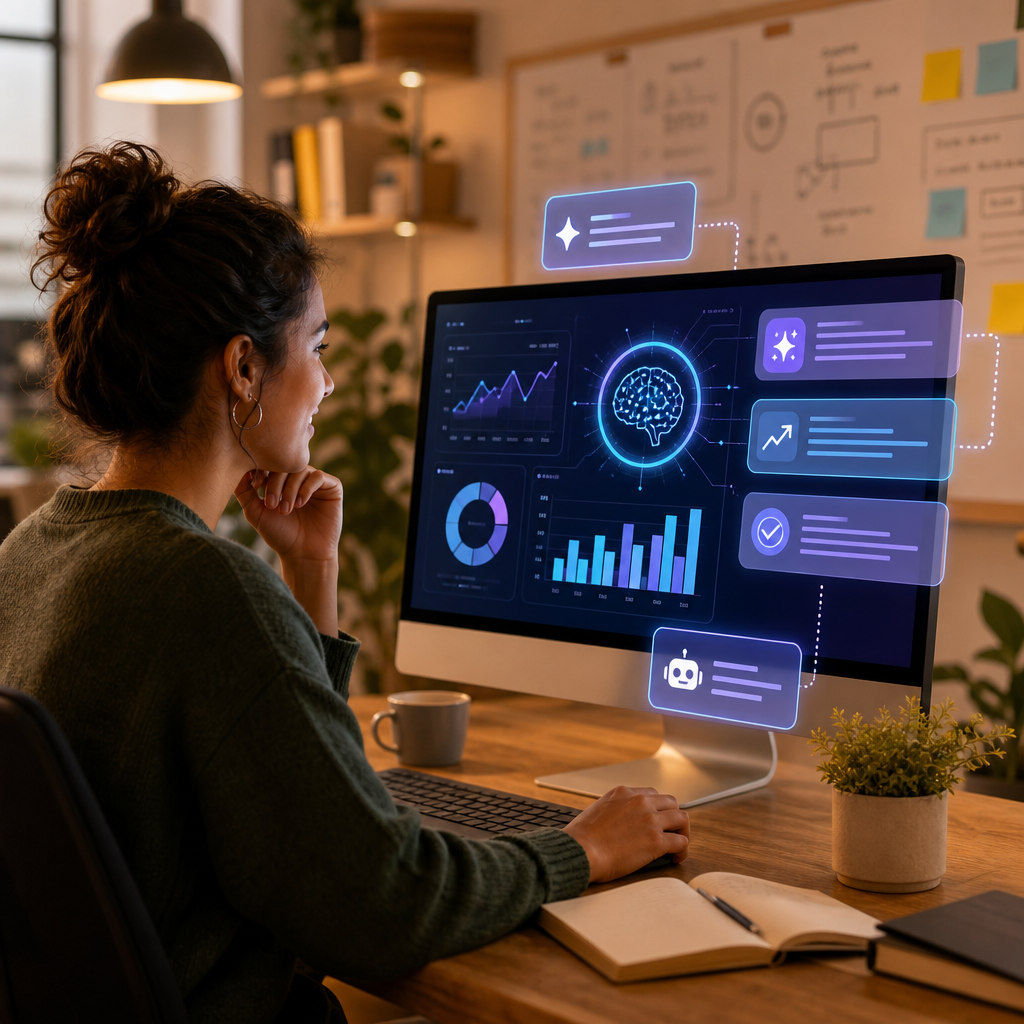 Small business owner using AI-powered dashboard for business insights and automation