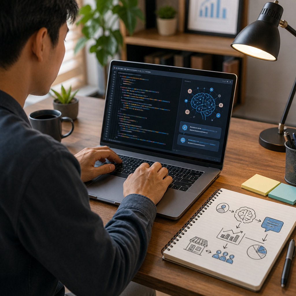 Developer writing beginner AI integration code for small businesses using Python libraries