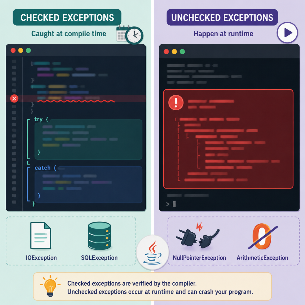 Visual guide to Java checked vs unchecked exceptions for beginners, contrasting compile-time checks and runtime errors