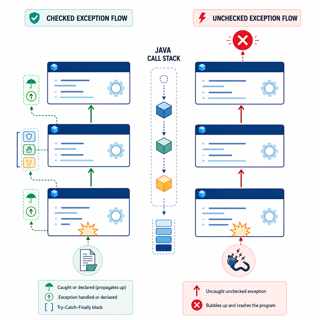How Java exceptions propagate: checked exceptions handled or declared, unchecked bubble up — beginner-friendly diagram