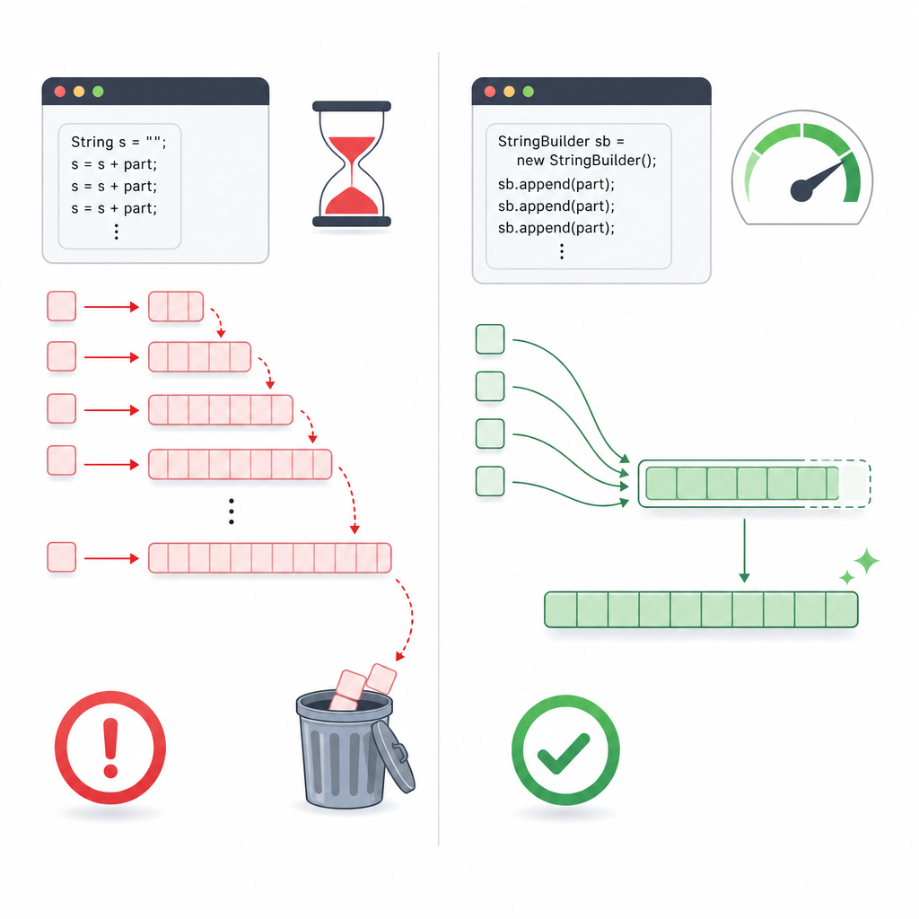 Java String class with examples: concatenation vs StringBuilder efficiency comparison
