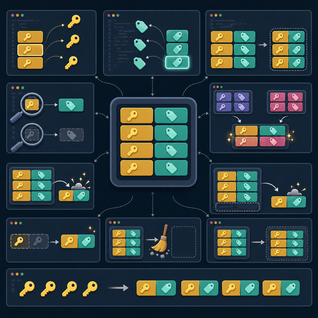 Python dictionary methods visualized: keys, values, items, get, update, pop, setdefault, clear, copy, fromkeys