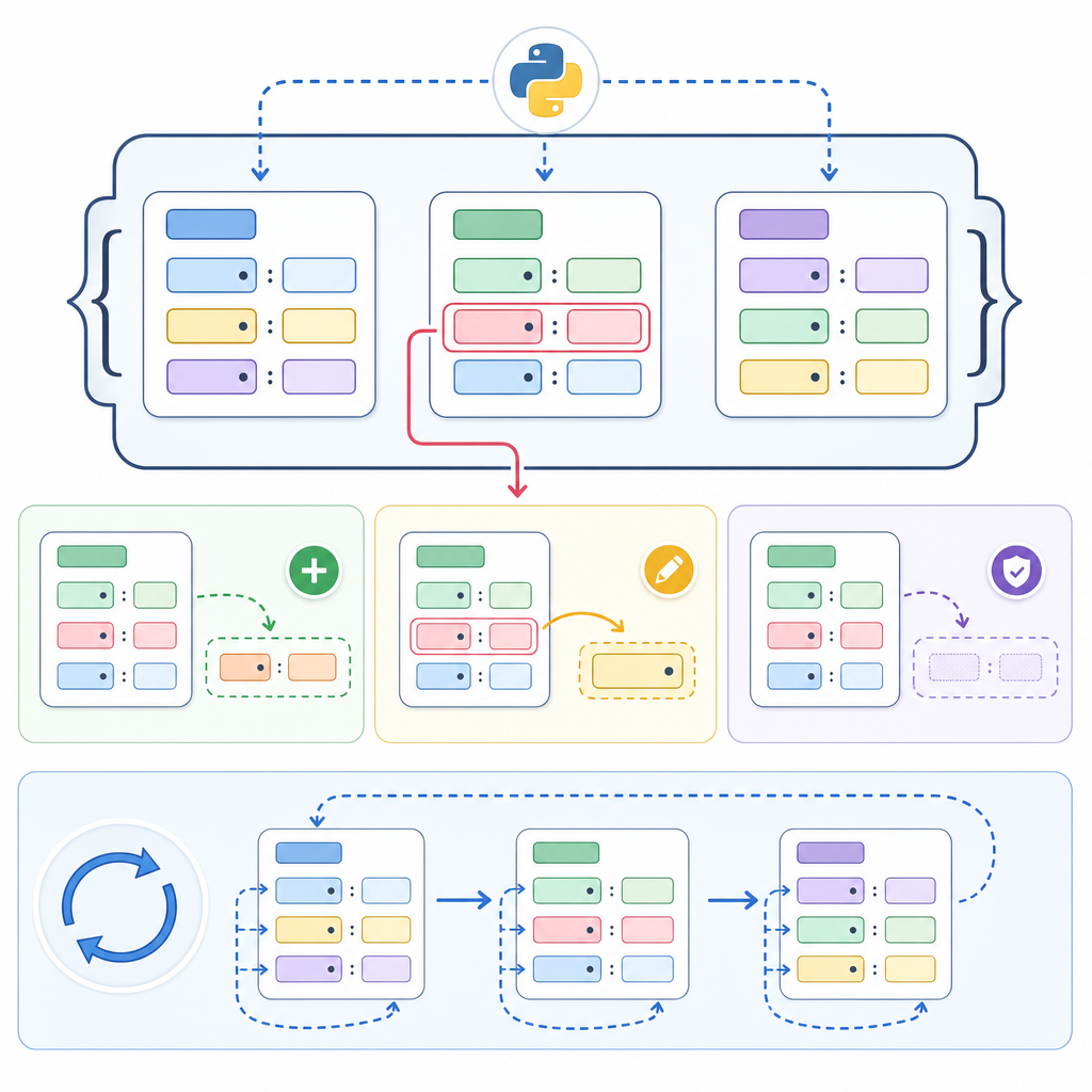 Nested Python dictionaries diagram with inner key-value boxes, arrows for access, updates, defaults, and iteration