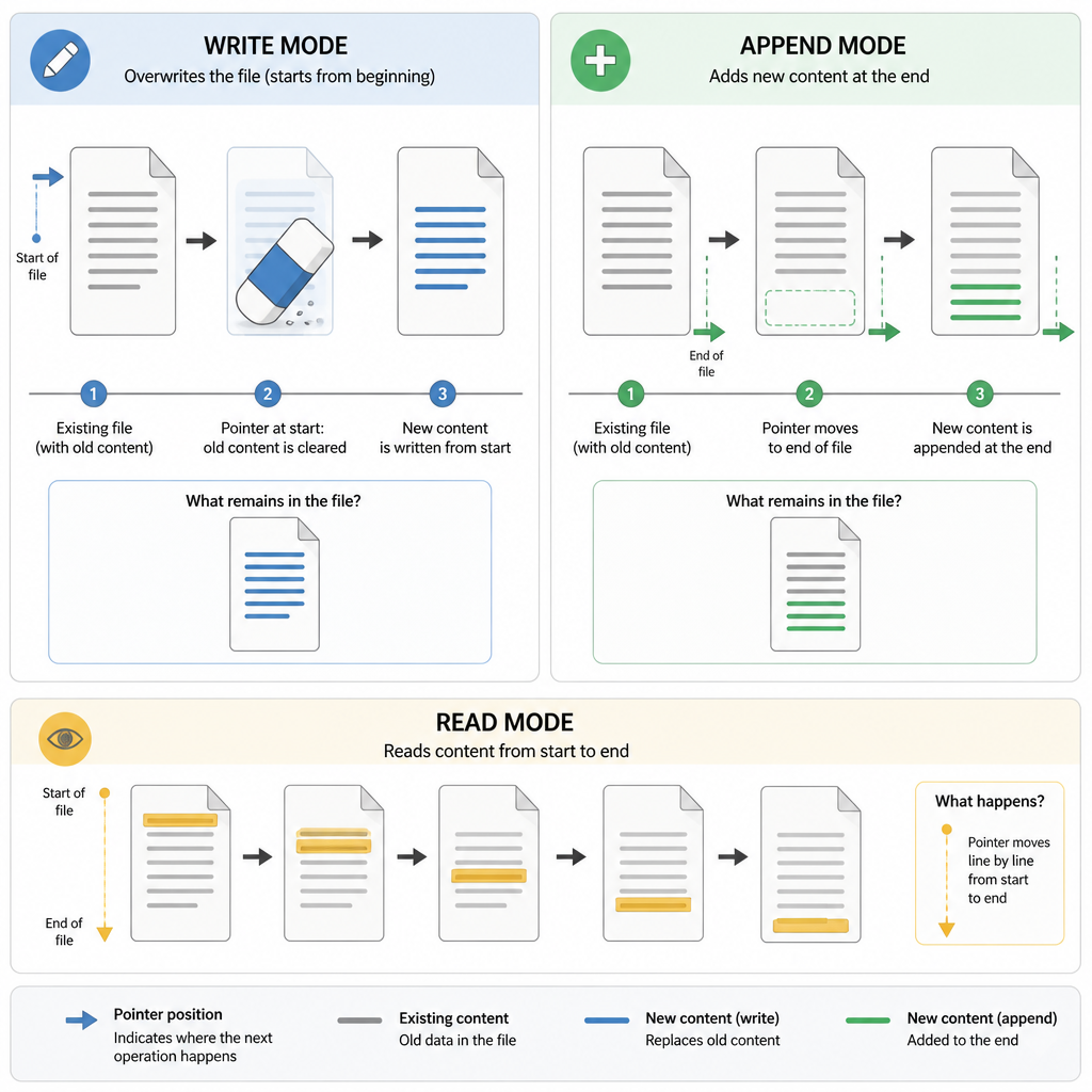 Python file handling read write and append examples: modes and file pointer behavior