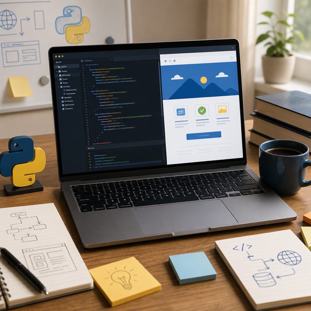 Beginner writing Flask web application code in Python on laptop with live preview