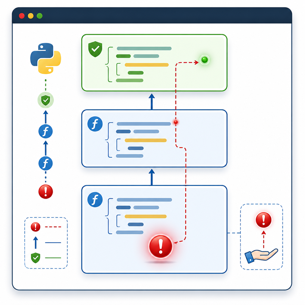 Python raise keyword visual: error propagates up the call stack to a matching exception handler.