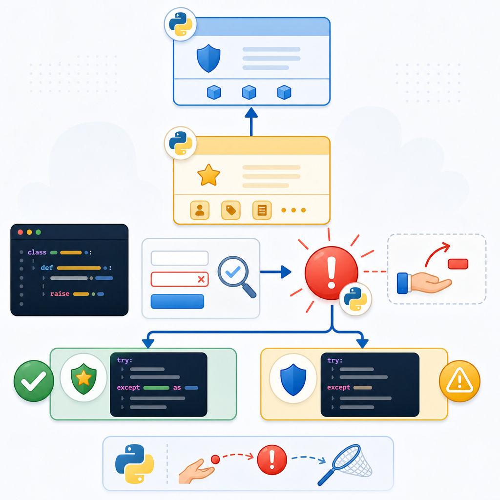 Python raise keyword and custom exceptions: class hierarchy and targeted exception handling best practices.