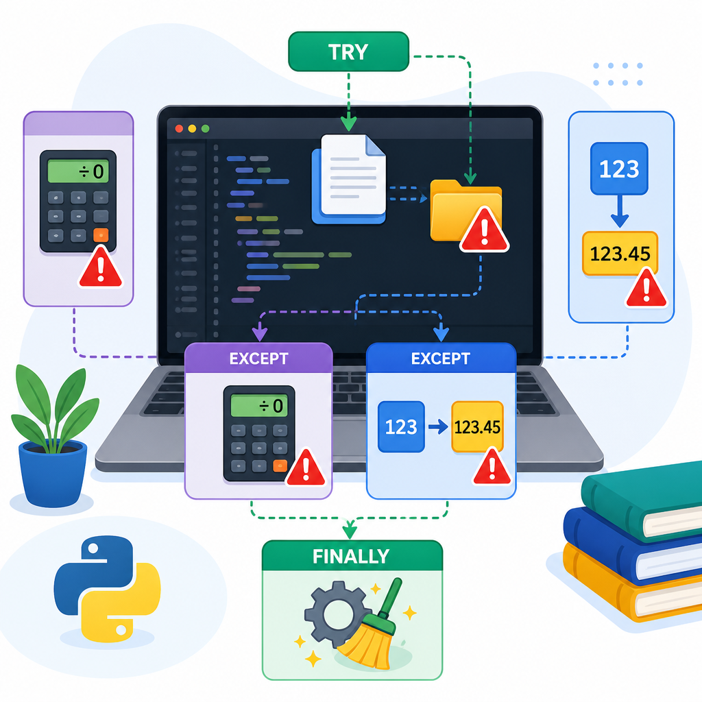 Python try except finally with examples: file handling, multiple exceptions, and resource cleanup concept