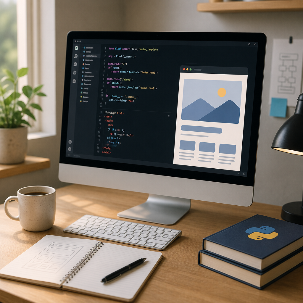 Beginner-friendly Python web development environment showing code snippets for Flask or Django setup