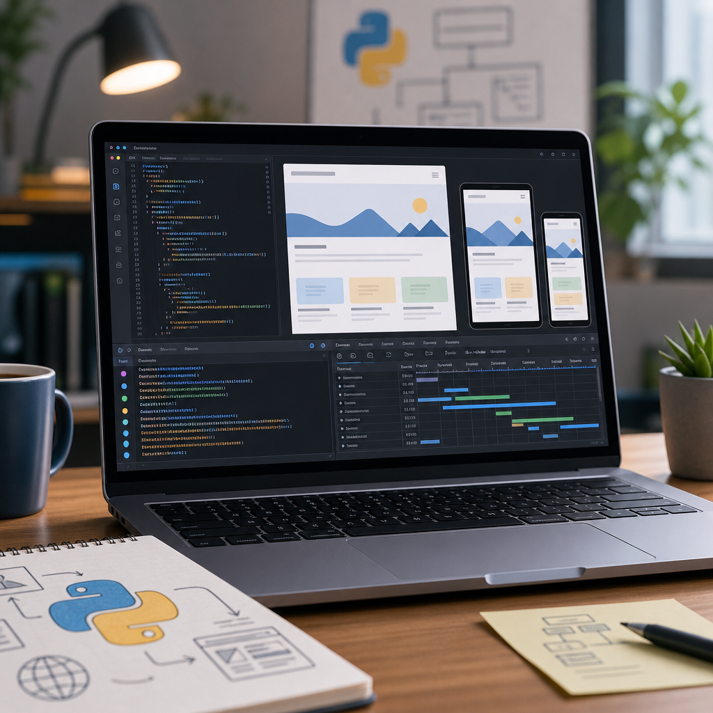 Live preview of a responsive web page powered by Python backend with developer tools open