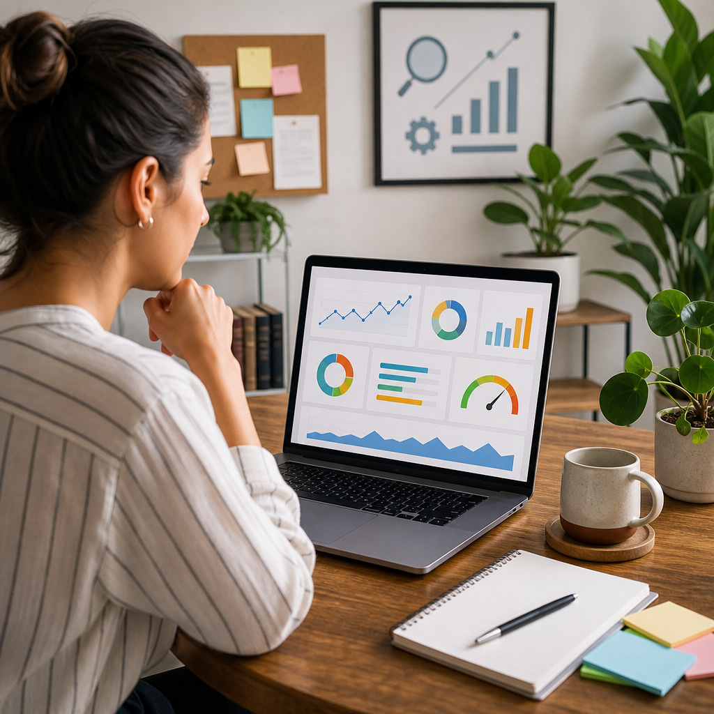 Small business owner analyzing SEO audit dashboard with keyword rankings and site metrics on laptop