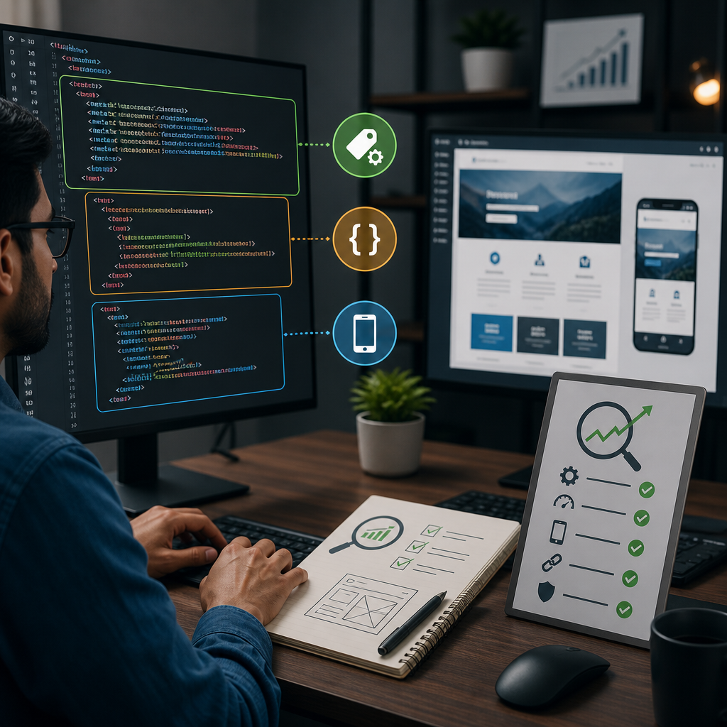 Developer optimizing website code with SEO best practices including meta tags and schema markup