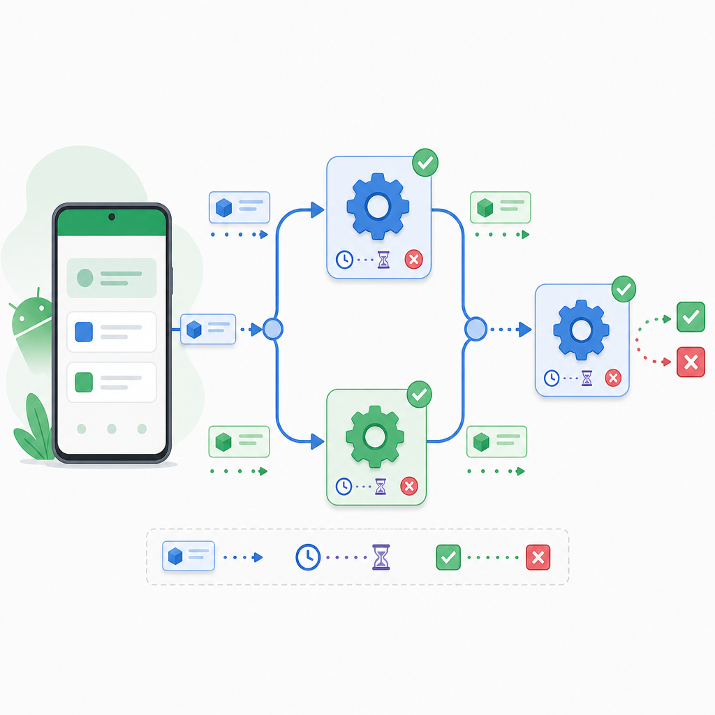 How to use WorkManager in Android: chained workers passing data with retries, delays, and parallel then combine flow