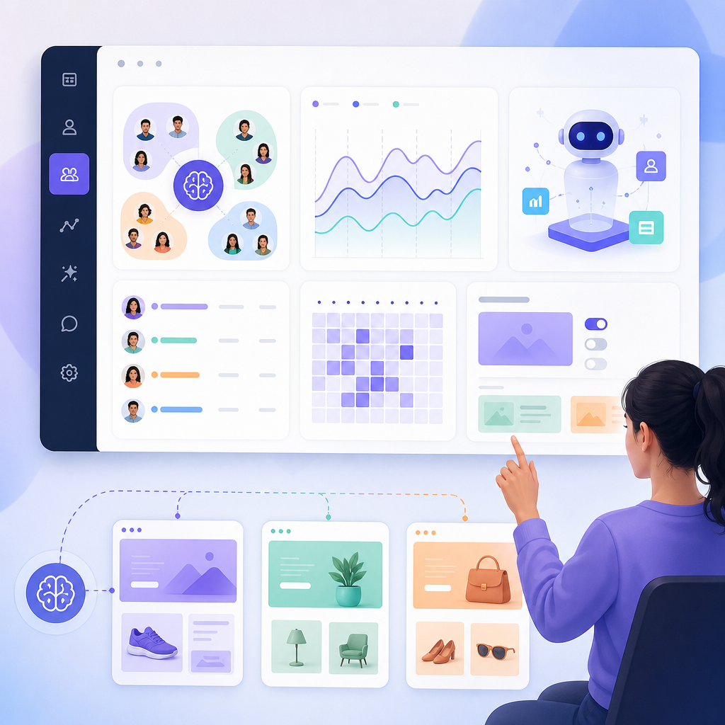 Web development dashboard displaying AI personalization features and user behavior tracking graphs