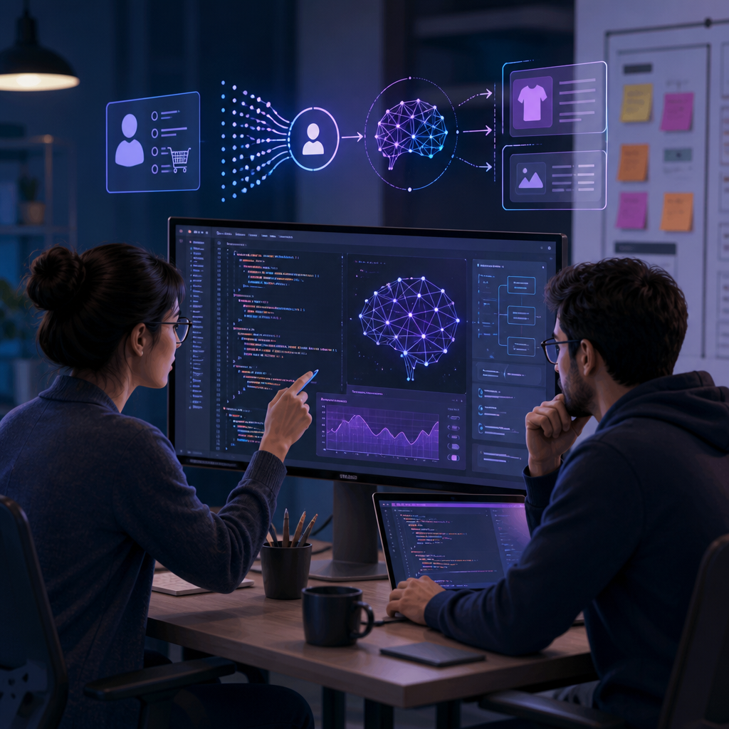 Developers reviewing AI personalization algorithm code for web customization