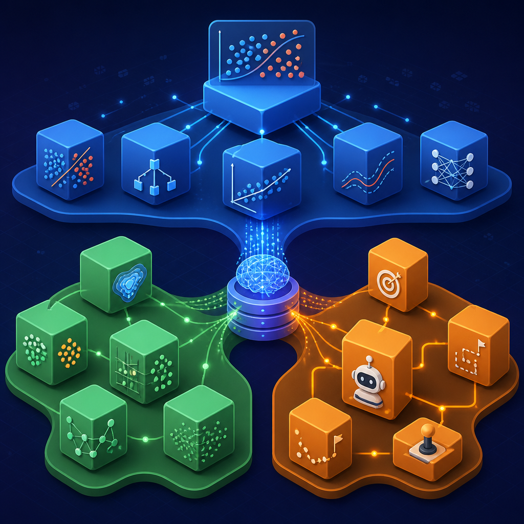 Colorful 3D blocks representing supervised, unsupervised, and reinforcement machine learning algorithms
