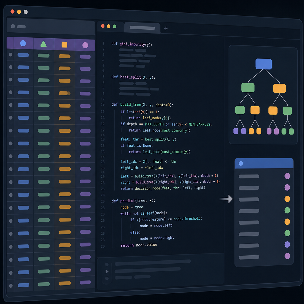 Python code snippet for decision tree algorithm with dataset features and output predictions in beginner coding environment