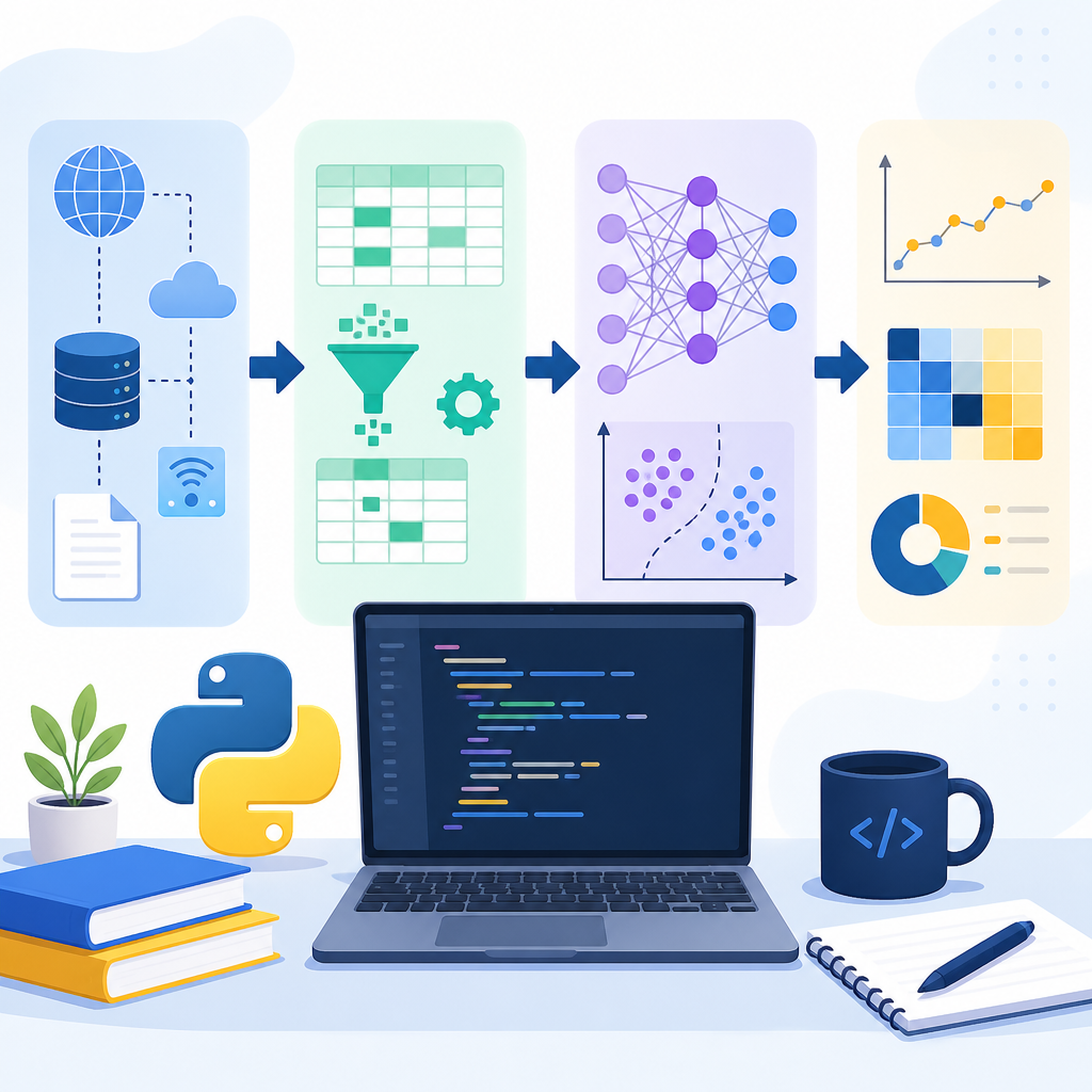 Machine learning workflow diagram highlighting data collection, preprocessing, model training, and evaluation