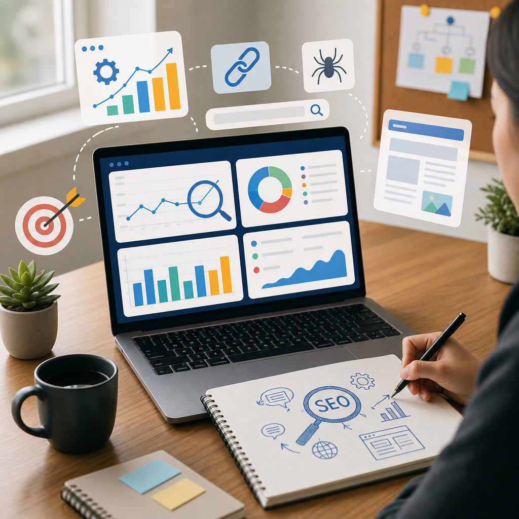 SEO dashboard displaying keyword rankings, backlinks, and traffic stats for beginners learning SEO fundamentals