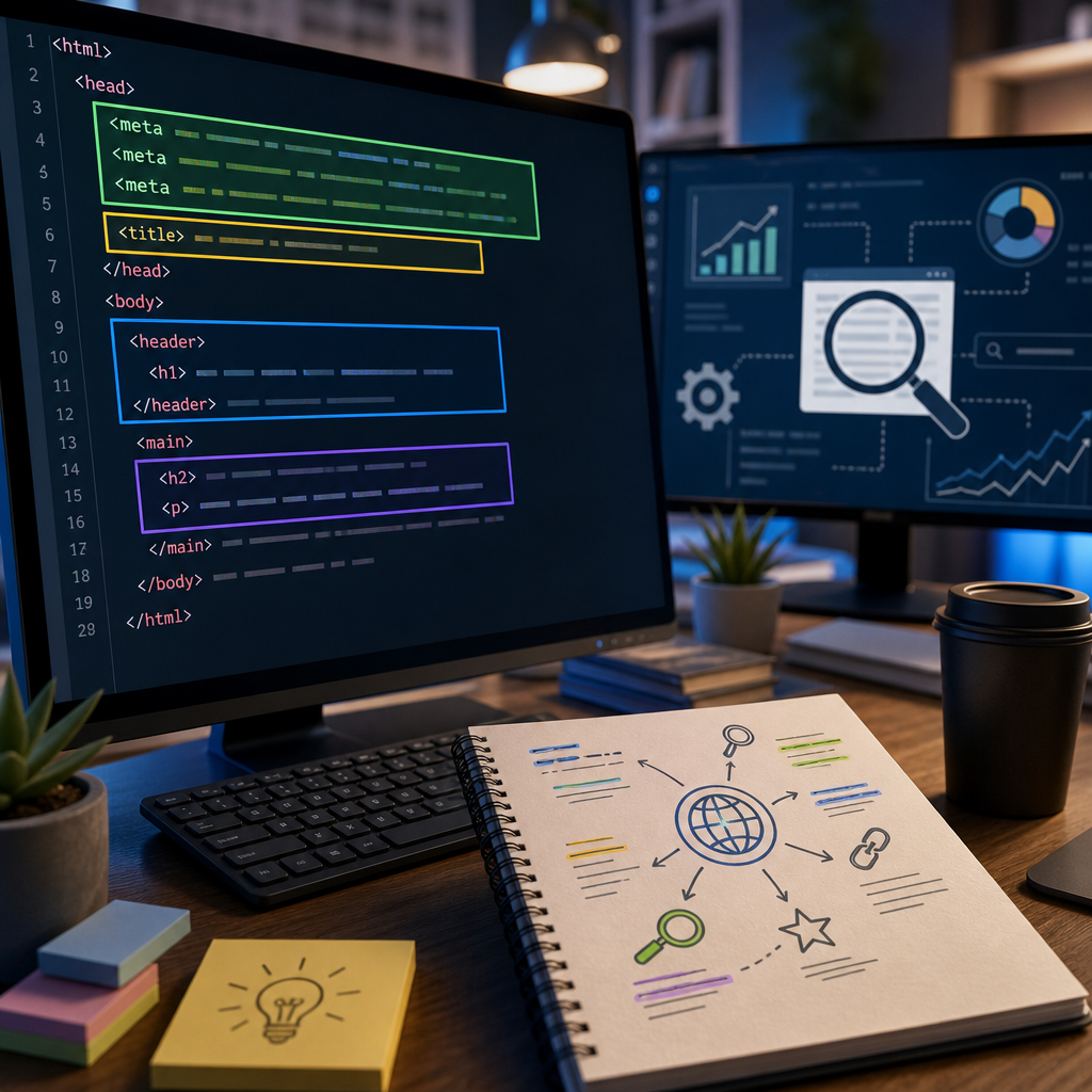 Developer reviewing website HTML code focusing on meta and header tags for SEO fundamentals optimization