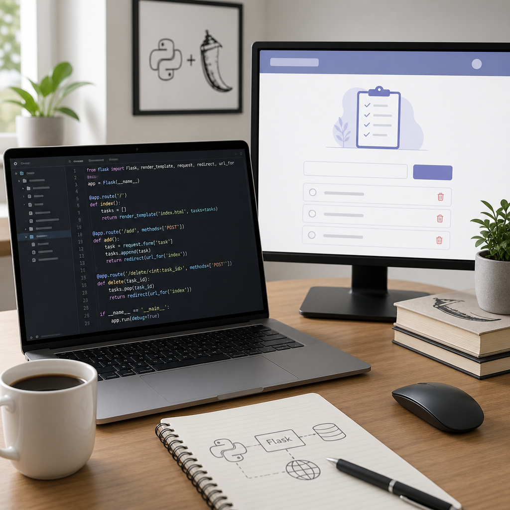 Laptop workspace displaying Python Flask code and web app preview on a clean desk