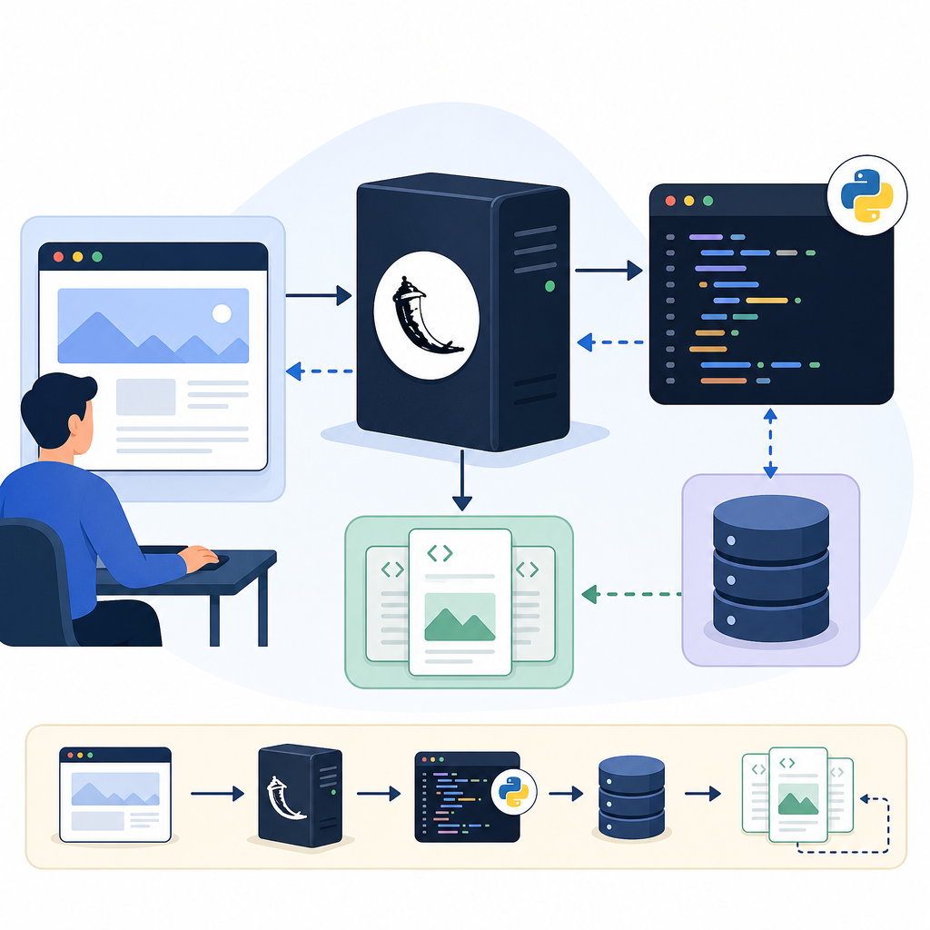 Web application architecture diagram showing Flask server and client browser interaction