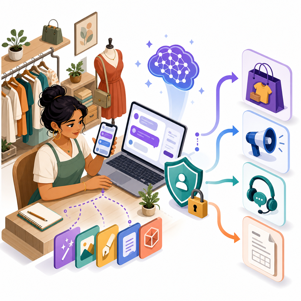 Isometric toolkit showing generative AI for small businesses across marketing, listings, support, and policy guardrails