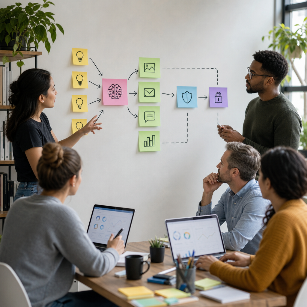 Team mapping generative AI for small businesses with workflow steps, privacy checks, and channel outputs